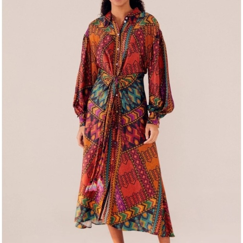 Farm Rio Women L Yawanawa Stripes Midi Dress Multi Color Boho Sustainable NWT